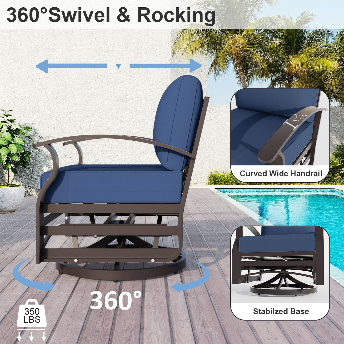 ALAULM Aluminum Outdoor Single Swivel Chair Set with 5.1" High-Resilience Seat Cushions, Removable Cushions for Backyard, Lawn, Porch