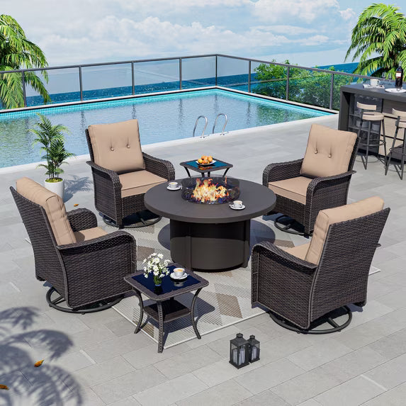 Kullavik 7 Pieces Outdoor Patio Furniture Set with 40000 BTU Round Fire Pit Table,PE Wicker Rattan Swivel Arm Chair Set, Patio Conversation Sets,Gray