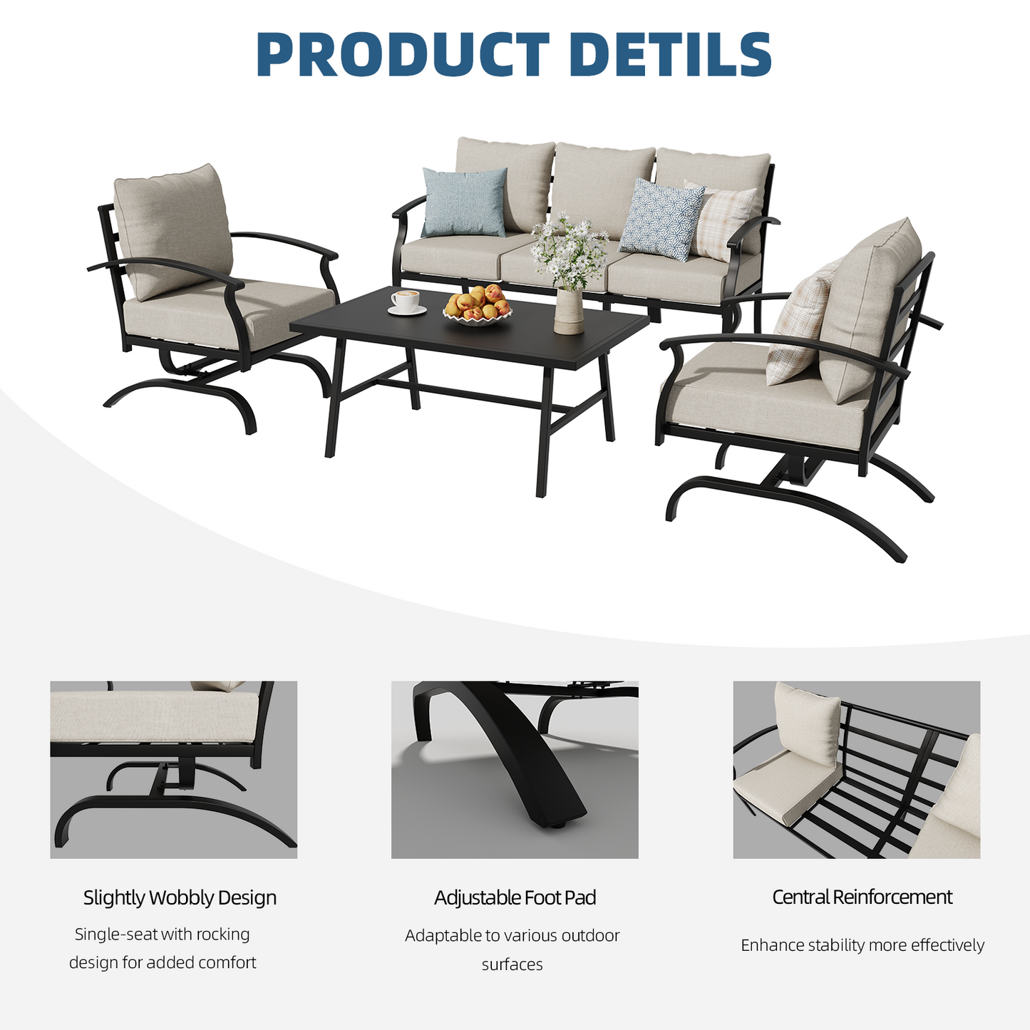 ALAULM 4 Piece Patio Furniture Set,Outdoor Metal Patio Furniture with Coffee Table & Rocking Chairs Conversation Set for Porch,Backyard,Poolside, Garden