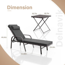 Load image into Gallery viewer, 3-Piece Outdoor Wicker Chaise Lounge with Armrests and Black Cushions.
