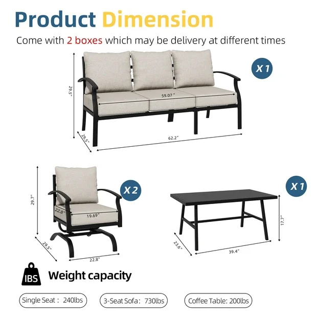ALAULM 4 Piece Patio Furniture Set,Outdoor Metal Patio Furniture with Coffee Table & Rocking Chairs Conversation Set for Porch,Backyard,Poolside, Garden