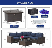Load image into Gallery viewer, Kullavik 7 Pieces Outdoor Patio Furniture Set with 43&quot; 55000BTU Gas Propane Fire Pit Table PE Wicker Rattan Sectional Sofa Patio Conversation Sets,Navy Blue

