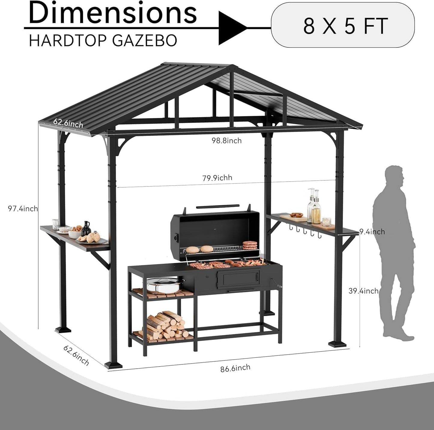 ALAULM 8'x 5' Hardtop Grill Gazebo, Outdoor BBQ Metal Roof Canopy with 2 Metal Side Shelves & 5 Tool Hooks for Patio, Garden, Backyard, Poolside (Black)