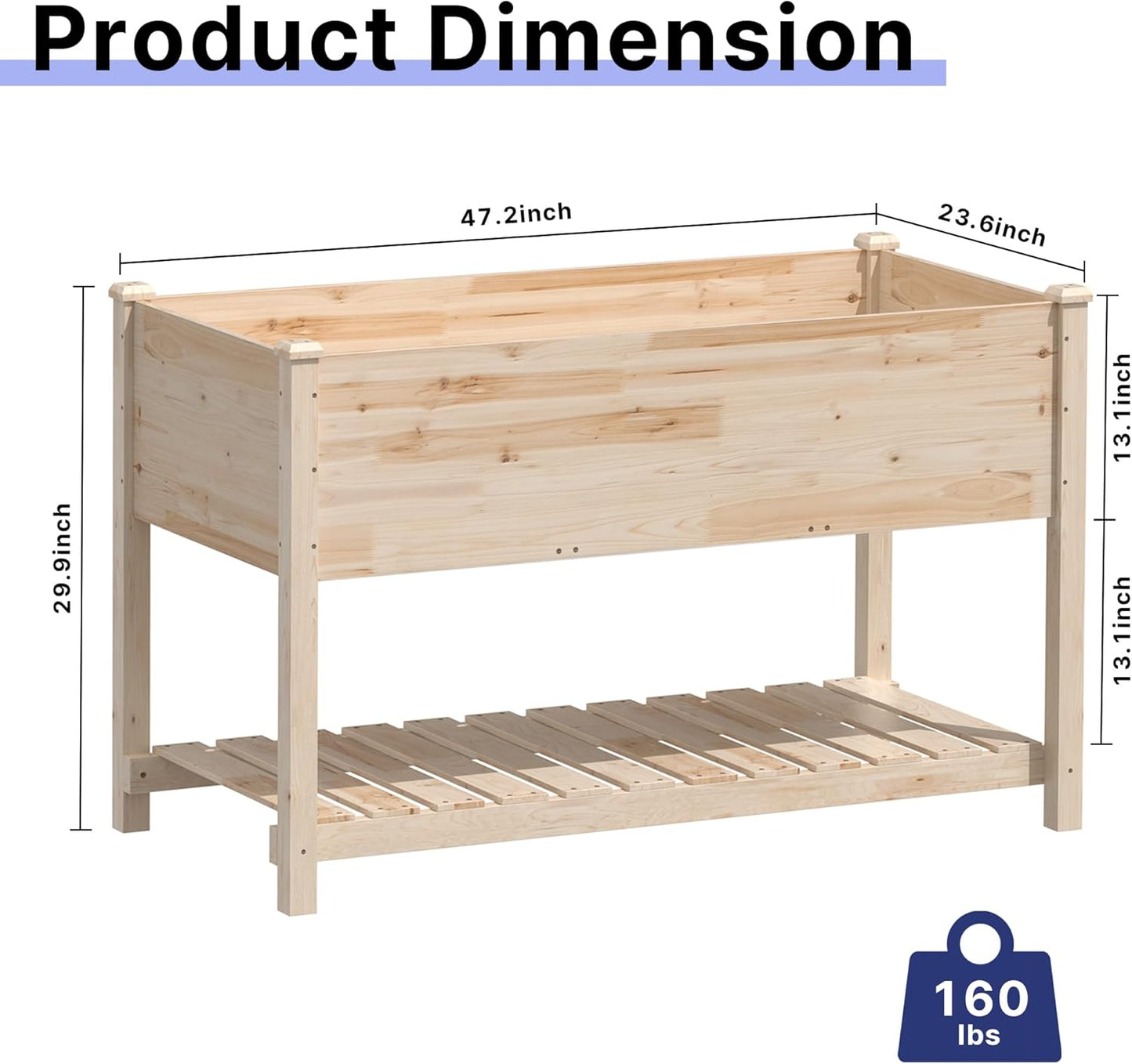 ALAULM Raised Garden Bed with Legs, 47.2x23.6x30in Wooden Raised Garden Box with Bed Liners, Storage Shelf for Outdoor Garden, Patio, Elevated Wood Planter for Vegetables, Fruits, Flowers