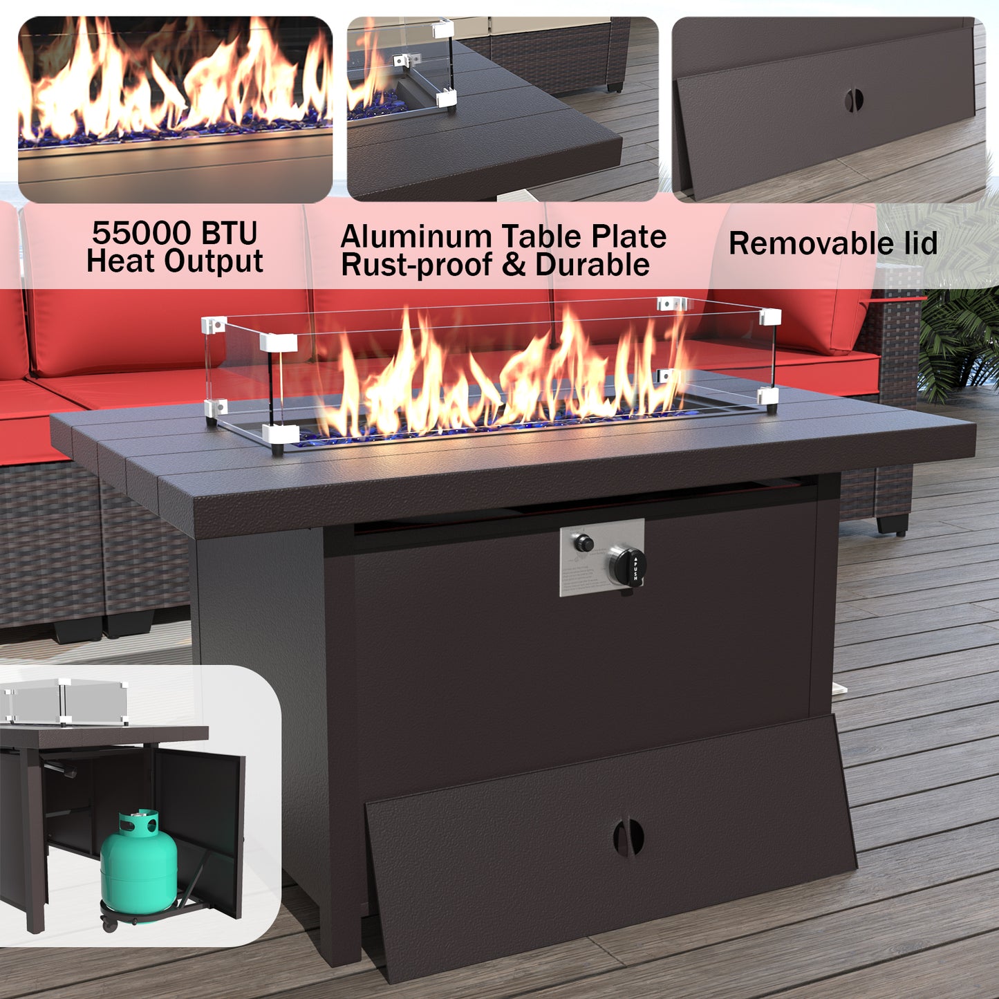 ALAULM 8 Pcs Patio Furniture Set withStainless Steel Gas Fire Pit Table, Brown/Blue