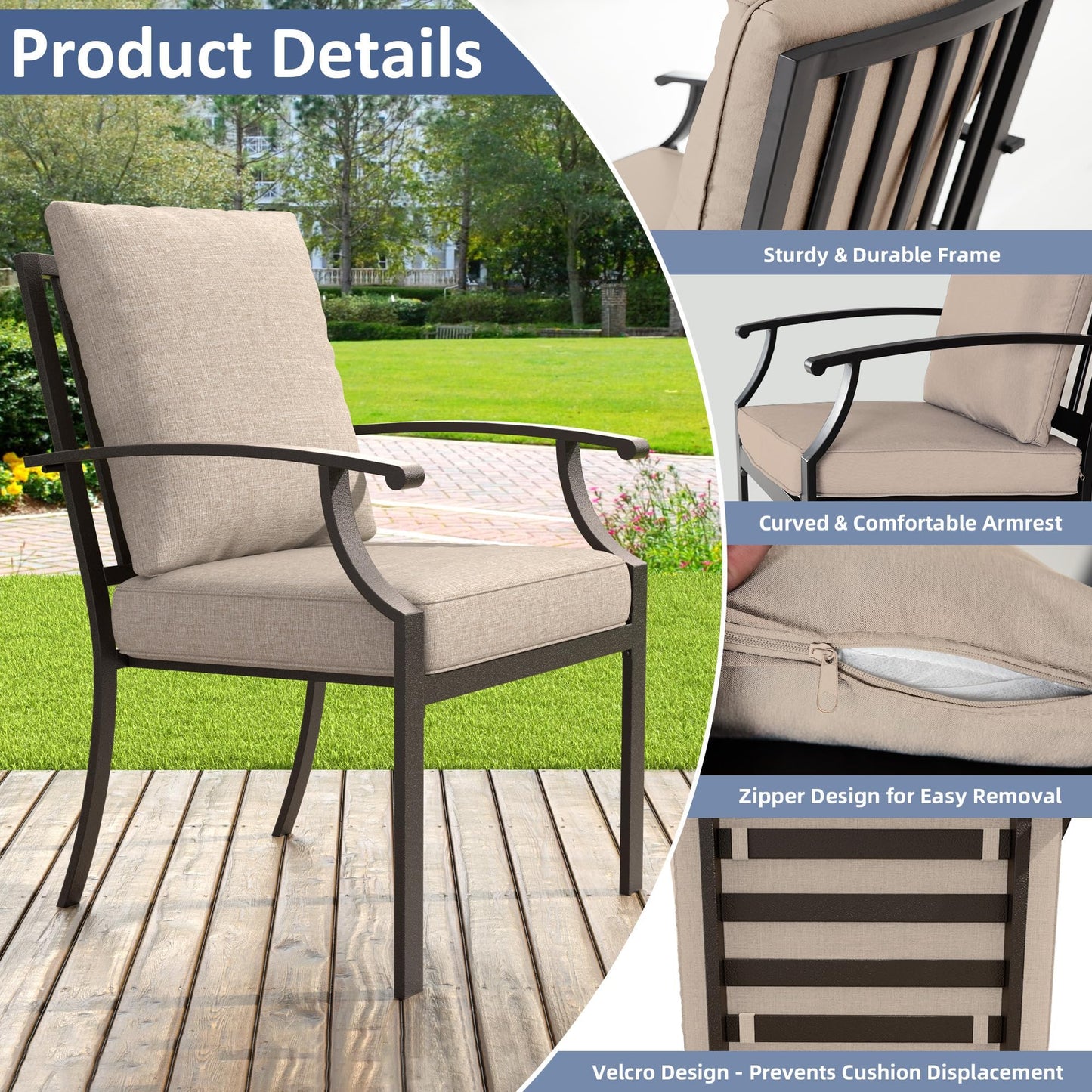 ALAULM Outdoor Dining Chairs Set, Stackabl Patio Dining Chairs with Arms for All Weather, Heavy Duty Dark Brown Powder-Coated Metal Patio Chairs 450LBS, for Backyard Garden Lawn