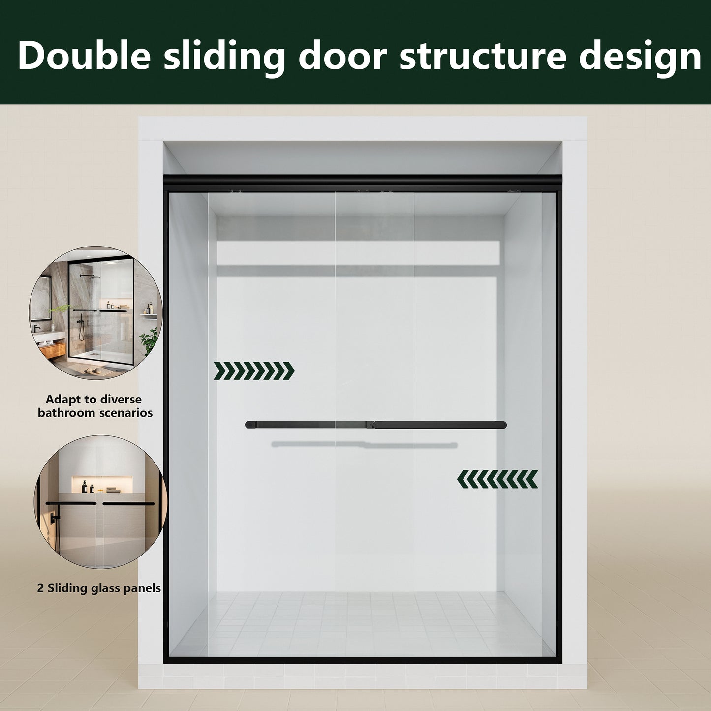 ALAULM Shower Door 44-48" W x 72" H Semi-Frameless Bypasss Bathroom Glass Shower Double Sliding Doors,1/4" (6mm) Clear SGCC Tempered Glass with Explosion-Proof Film, Black
