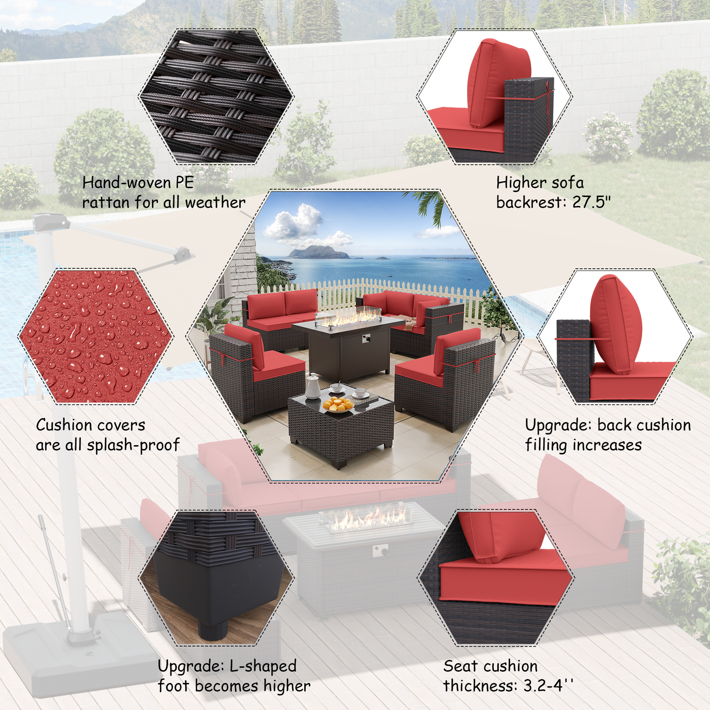 ALAULM 8 Pcs Patio Furniture Set withStainless Steel Gas Fire Pit Table, Brown/Blue