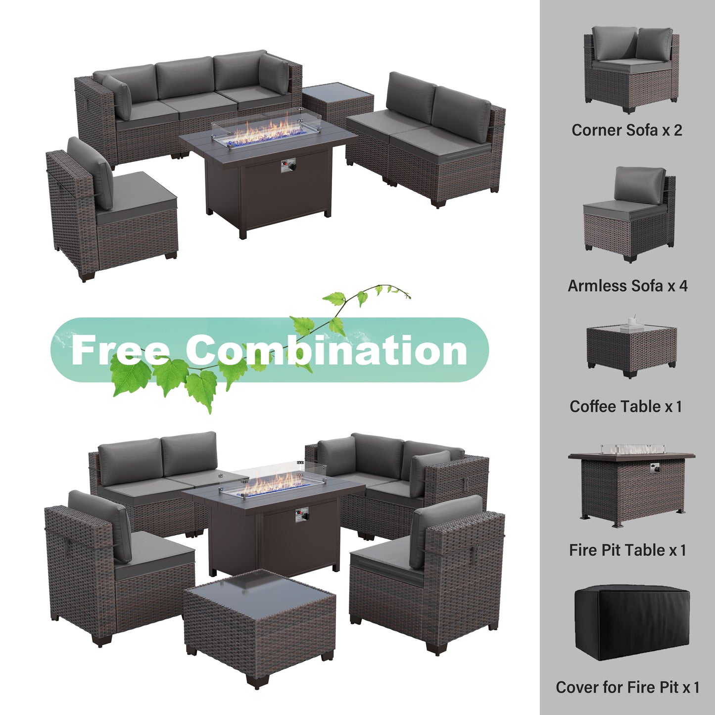 ALAULM 8 Pcs Patio Furniture Set withStainless Steel Gas Fire Pit Table, Brown/Blue