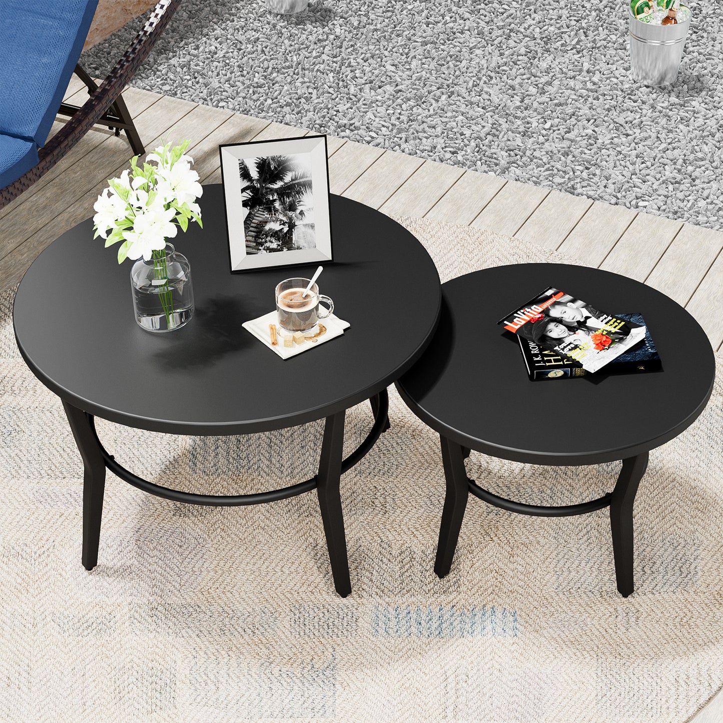 ALAULM Outdoor Black Nesting Round Coffee Table Set, 2PCS Space-Saving Solution for Patio, poolside & porch