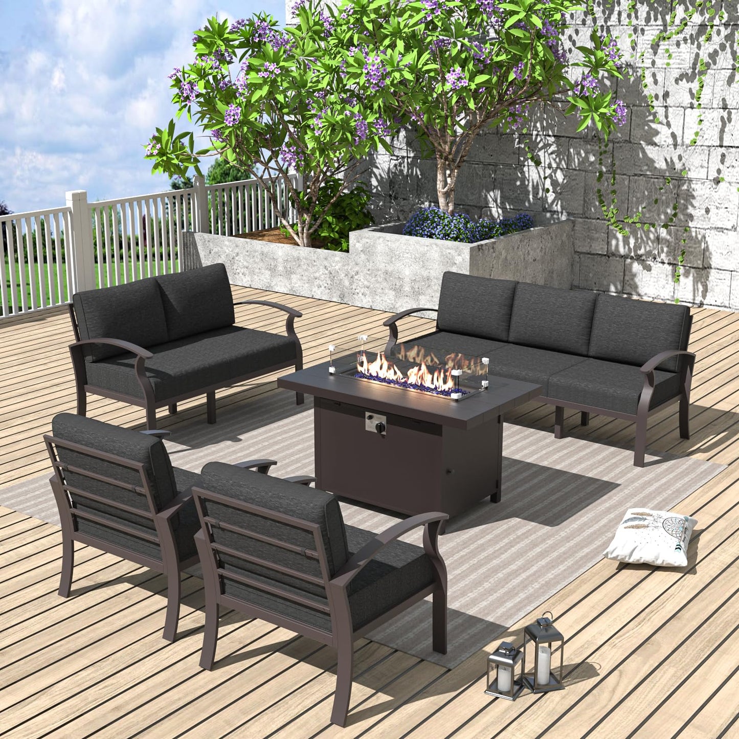 ALAULM 7-Seat Aluminum Patio Furniture Set with CSA-Certified Fire Pit Table & 5.1" Cushions