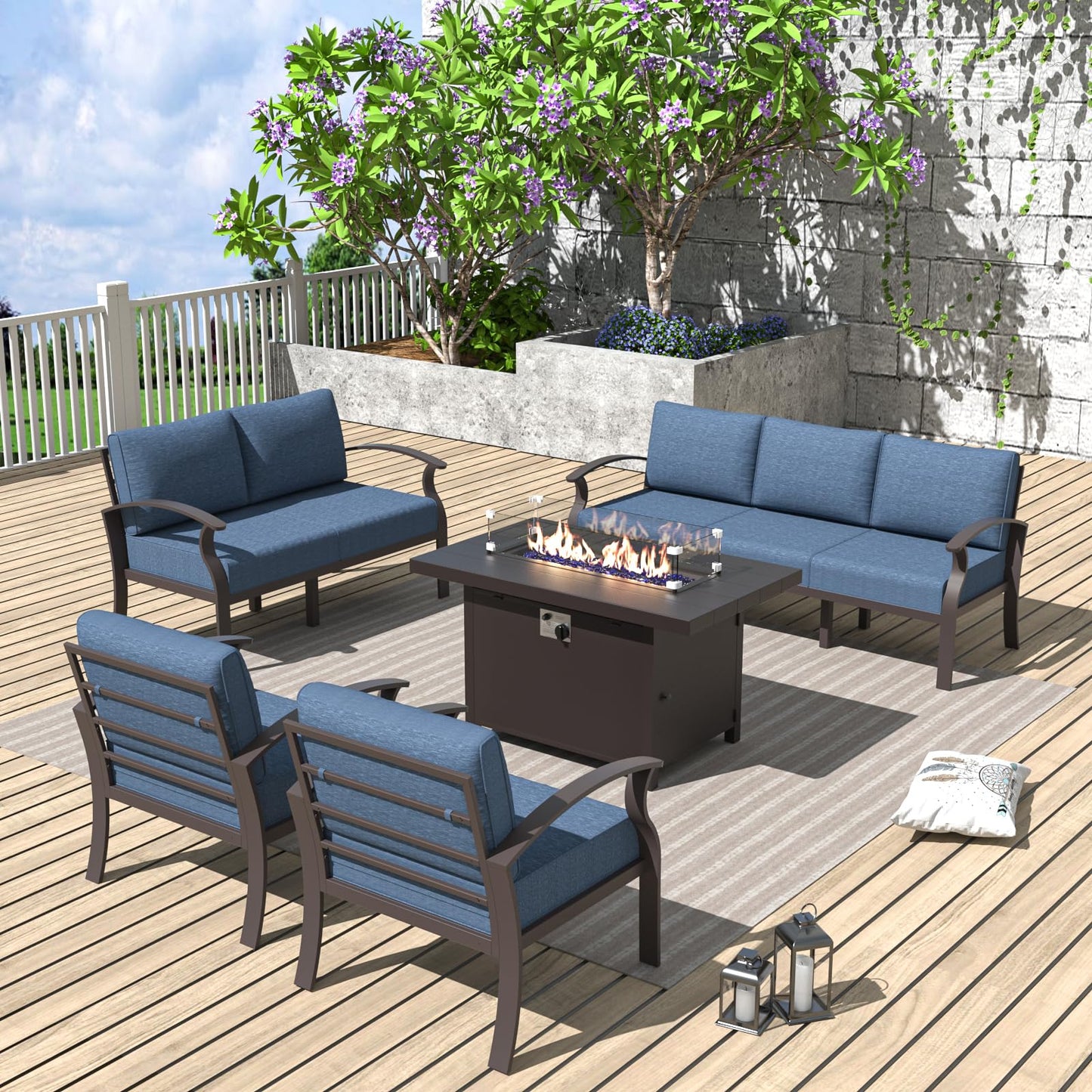 ALAULM 7-Seat Aluminum Patio Furniture Set with CSA-Certified Fire Pit Table & 5.1" Cushions