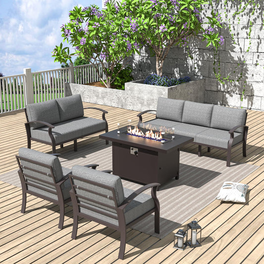 ALAULM 7-Seat Aluminum Patio Furniture Set with CSA-Certified Fire Pit Table & 5.1" Cushions