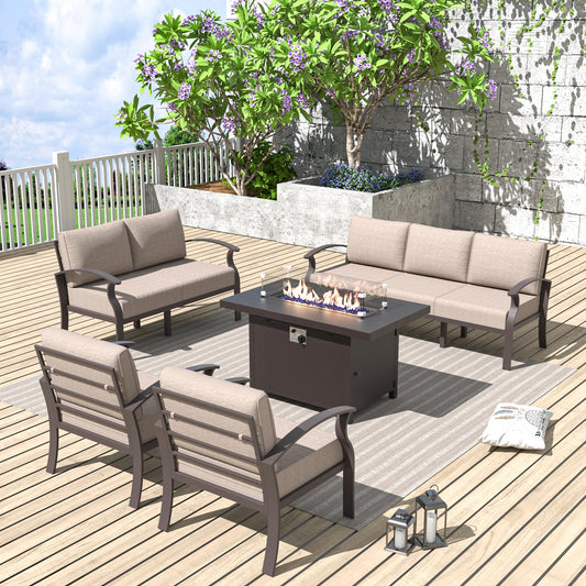 ALAULM 7-Seat Aluminum Patio Furniture Set with CSA-Certified Fire Pit Table & 5.1" Cushions