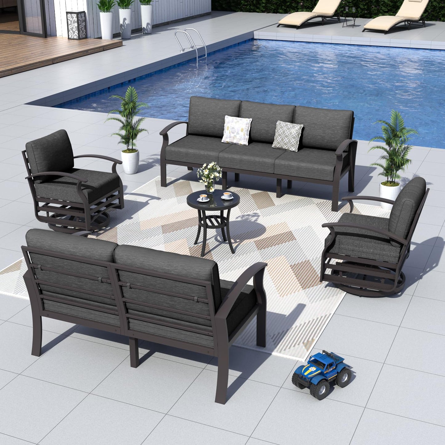 ALAULM 7-Seat Aluminum Patio Furniture Set with 2 Swivel Chairs & 5.1" Cushions