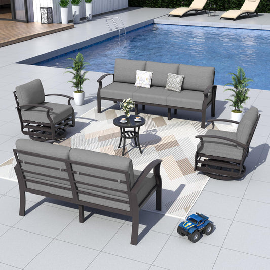 ALAULM 7-Seat Aluminum Patio Furniture Set with 2 Swivel Chairs & 5.1" Cushions