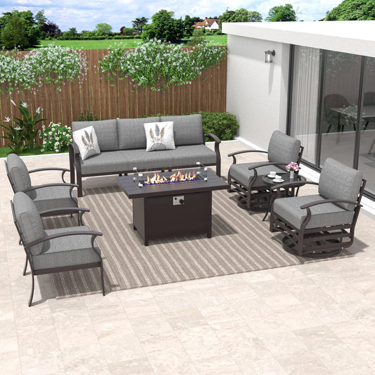 ALAULM 7-Seat Aluminum Patio Furniture Set with CSA-Certified Fire Pit Table & Swivel Chairs