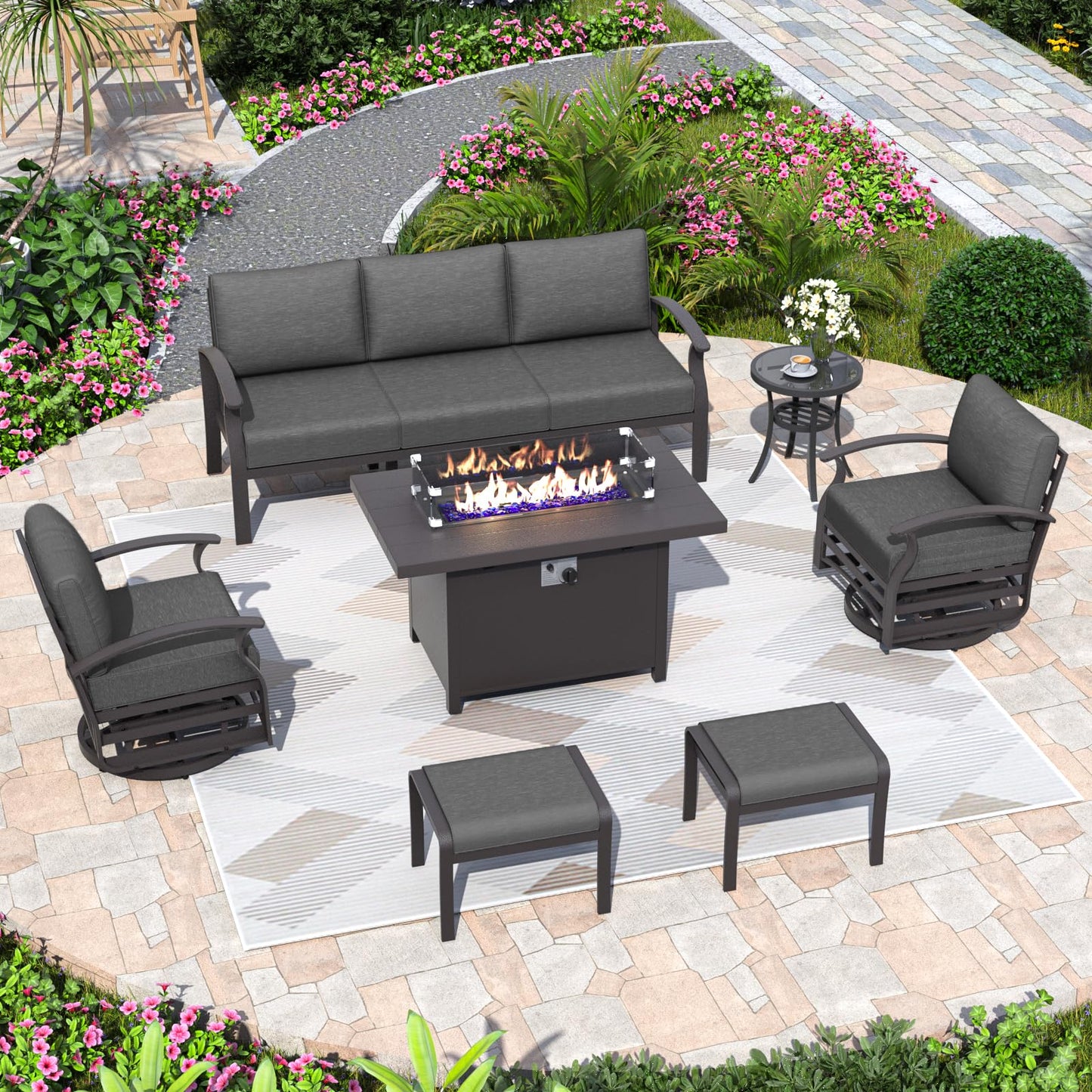 ALAULM 7-Seat Aluminum Patio Furniture Set with CSA-Certified Fire Pit Table, Swivel Chairs & Ottomans
