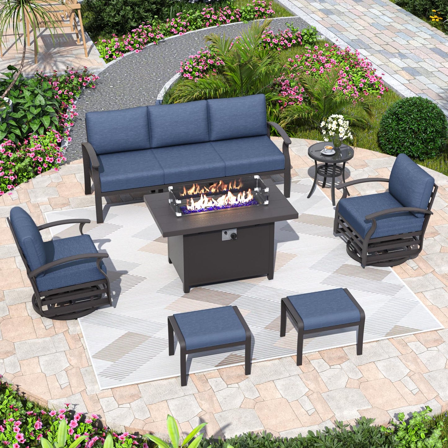 ALAULM 7-Seat Aluminum Patio Furniture Set with CSA-Certified Fire Pit Table, Swivel Chairs & Ottomans