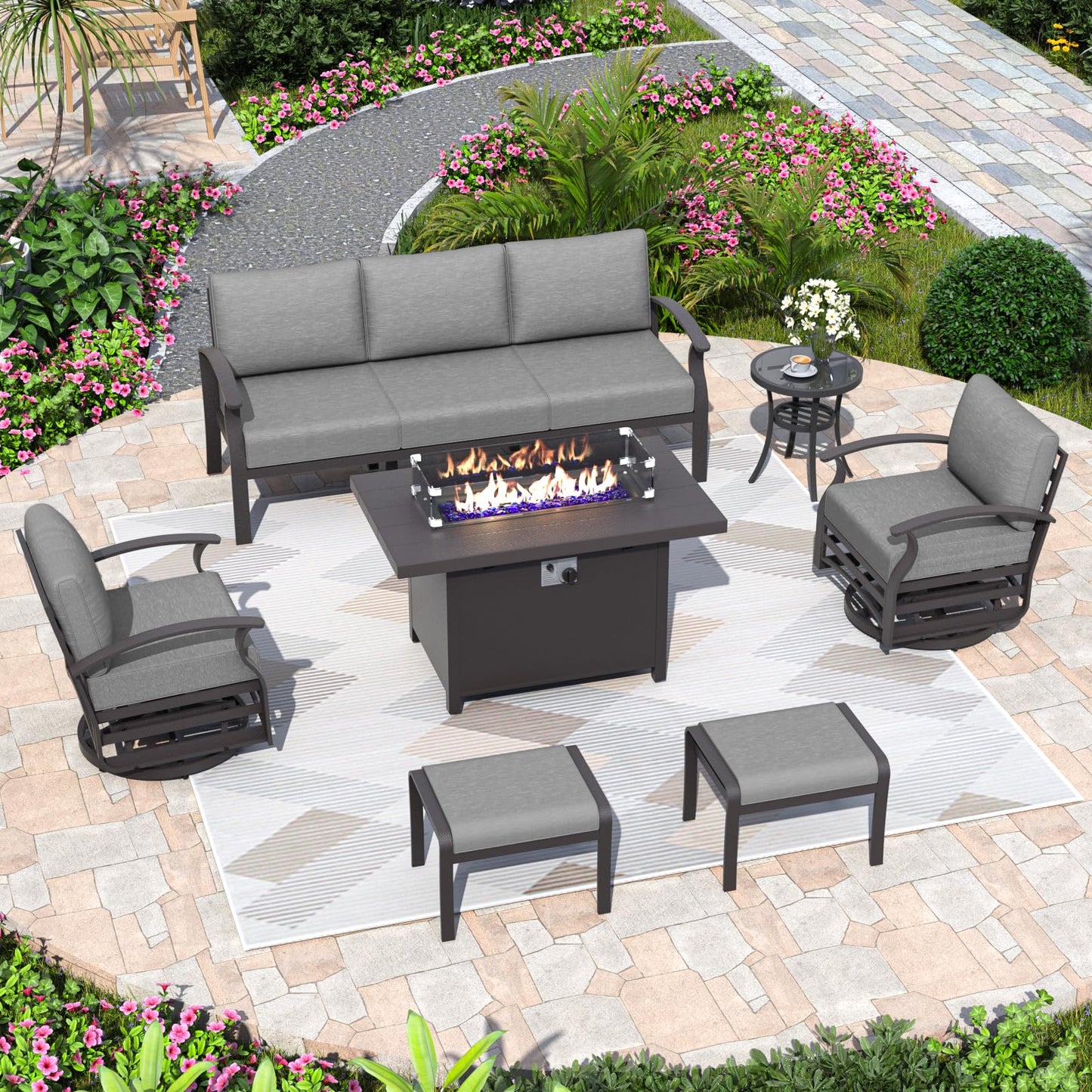 ALAULM 7-Seat Aluminum Patio Furniture Set with CSA-Certified Fire Pit Table, Swivel Chairs & Ottomans