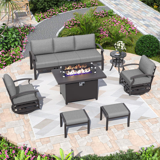 ALAULM 7-Seat Aluminum Patio Furniture Set with CSA-Certified Fire Pit Table, Swivel Chairs & Ottomans