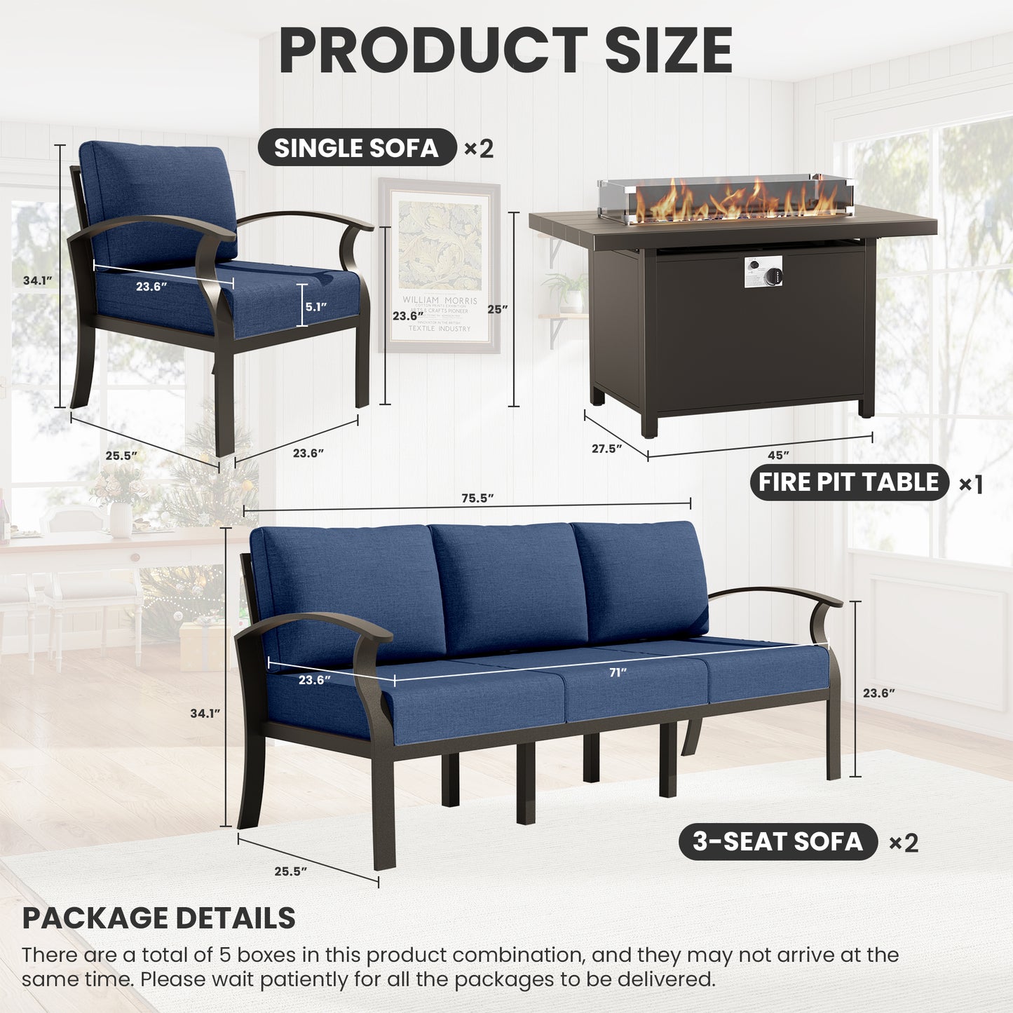 ALAULM Aluminum Patio Furniture Set with Propane Fire Pit Table 8-seat Metal Outdoor Furniture w/Fire Pit