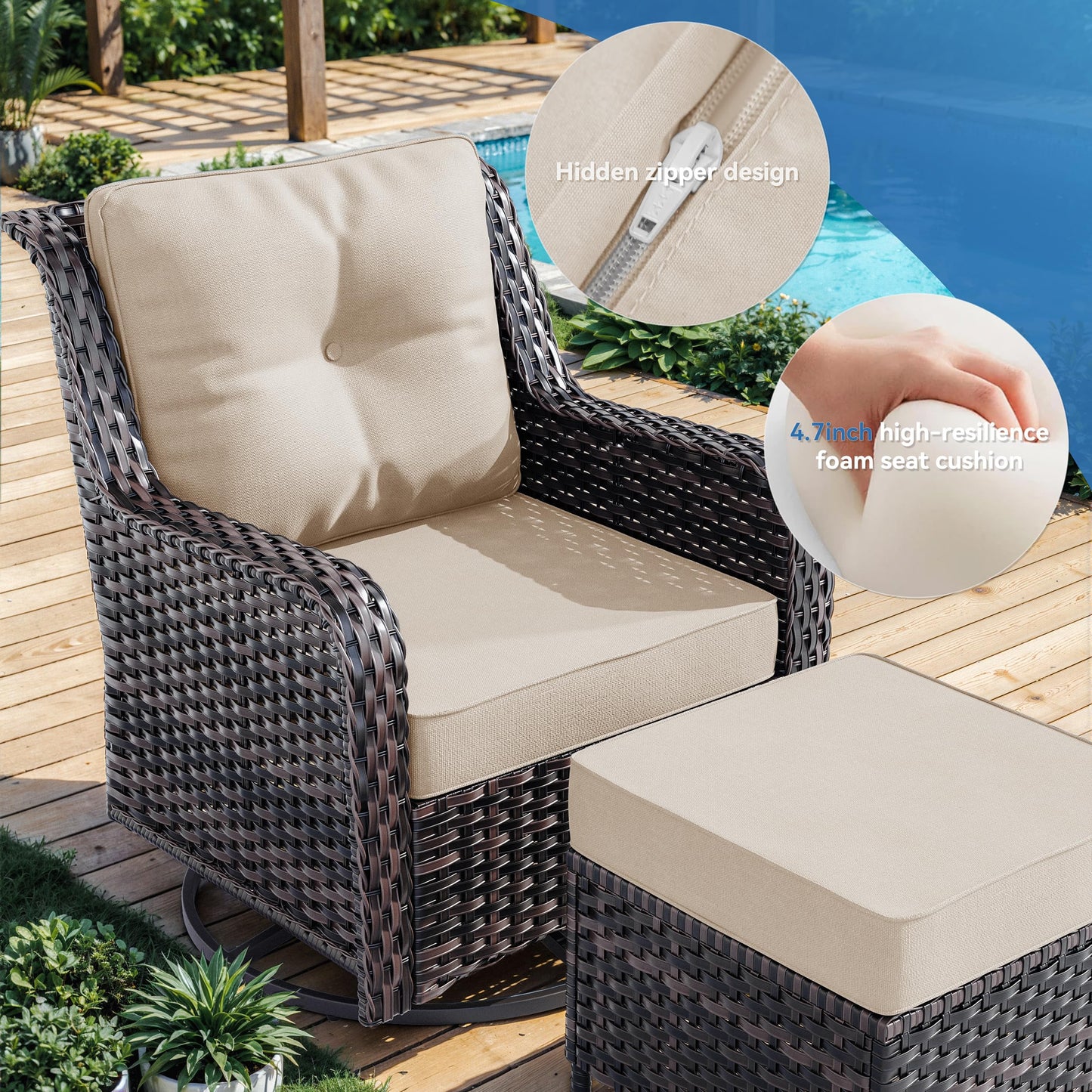 ALAULM 7 Pieces Patio Furniture Set,All-Weather Wicker High Back Outdoor Swivel Rocker Patio Chairs with Coffee Table & Thick Cushions,Paito Conversation Set for Porch,Deck