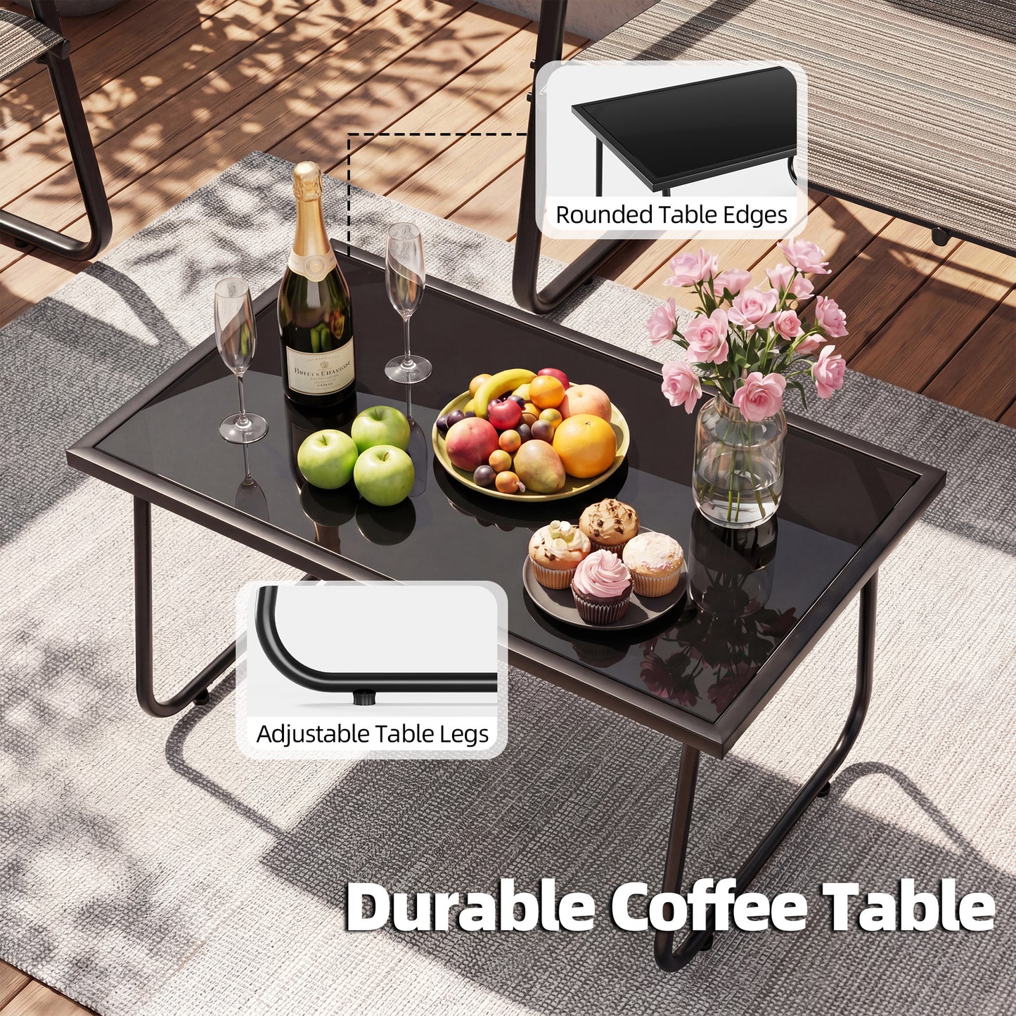 Gotland 4-Piece Outdoor Patio Furniture Set, Wicker Rattan Chairs & Sofa with Cushions and Glass Coffee Table, Conversation Set for Backyard, Lawn, Porch, Pool, Garden,Khaki