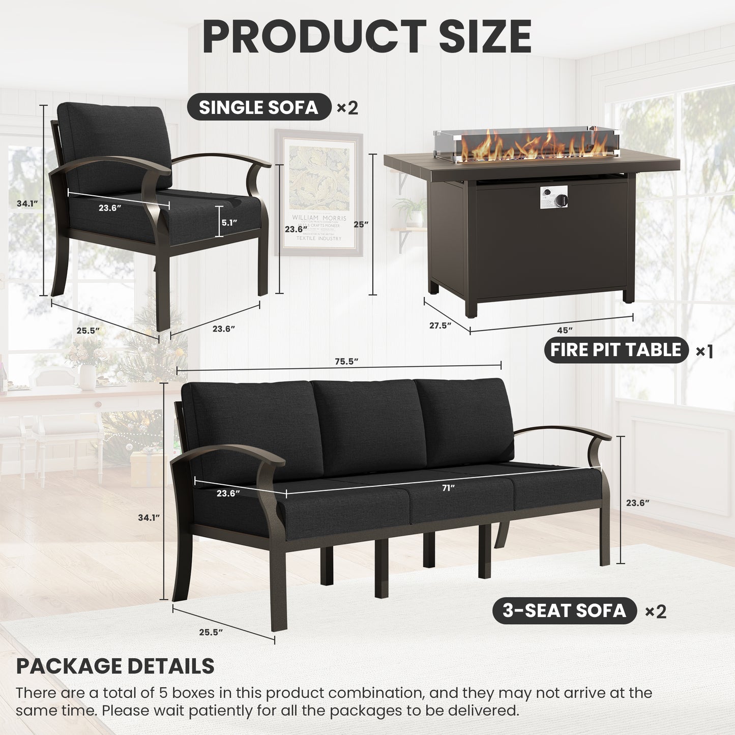 ALAULM Aluminum Patio Furniture Set with Propane Fire Pit Table 8-seat Metal Outdoor Furniture w/Fire Pit