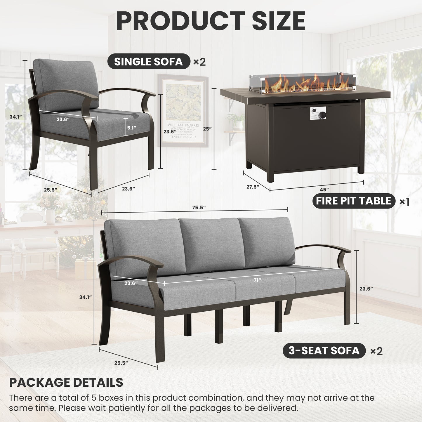 ALAULM Aluminum Patio Furniture Set with Propane Fire Pit Table 8-seat Metal Outdoor Furniture w/Fire Pit