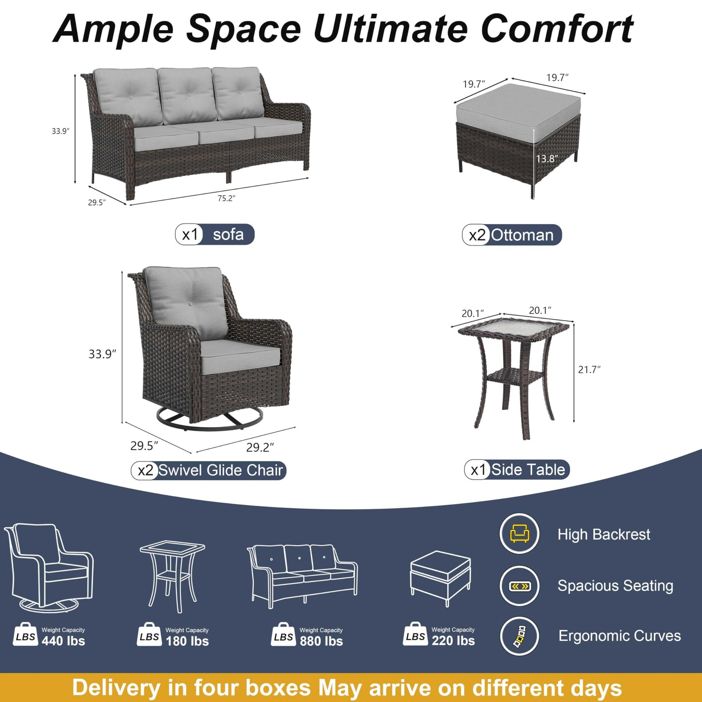 ALAULM 7-Piece Patio Furniture Set, Outdoor Thick Wicker High Back Conversation Set with 3-Seater Sofa, Swivel Chairs, Ottomans and Square Coffee Table for Yard Patio