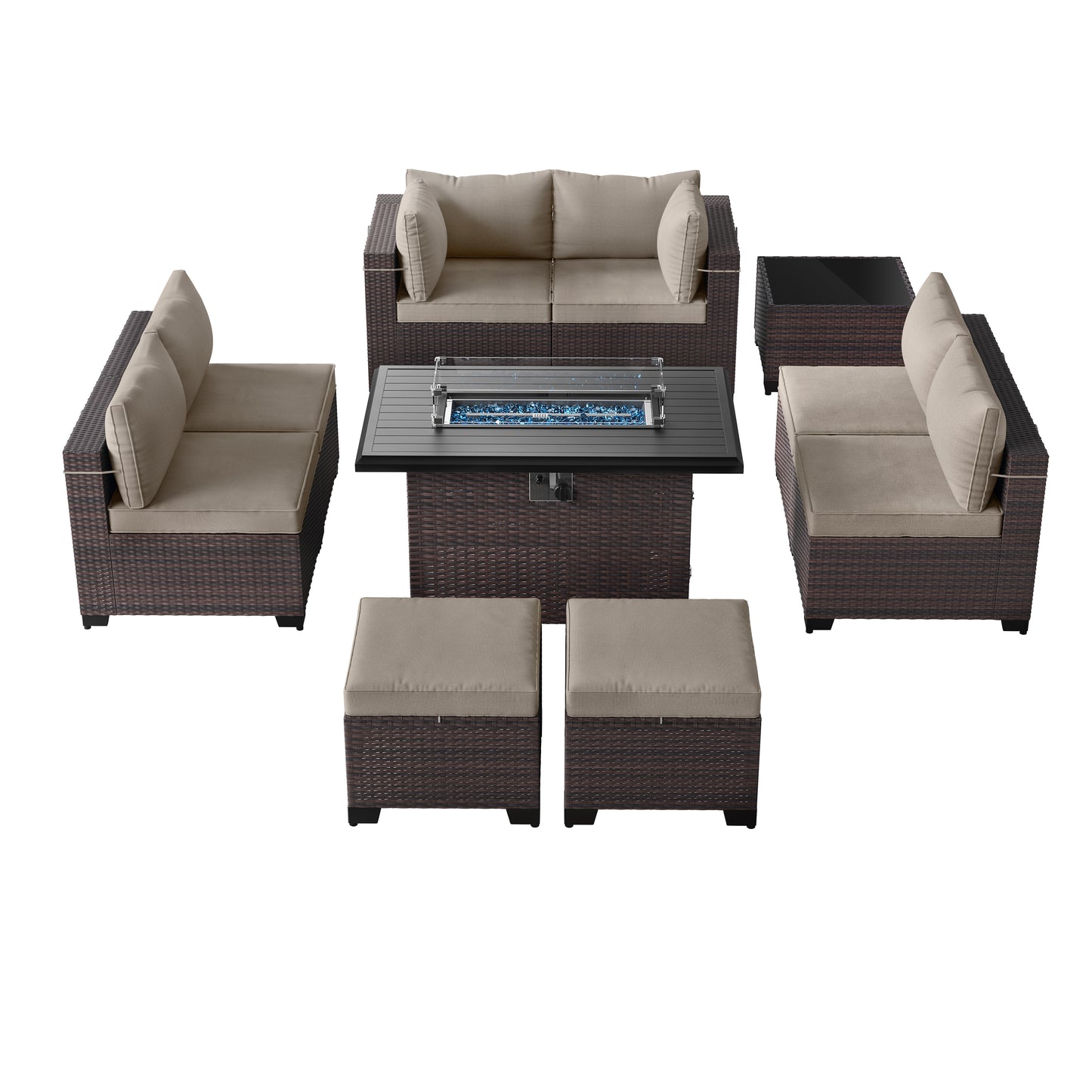 ALAULM 9PCS Outdoor Conversation Set, Thick Backrest Patio PE Rattan Wicker Sectional Sofas with Ottoman for Backyard, Porch, Sand