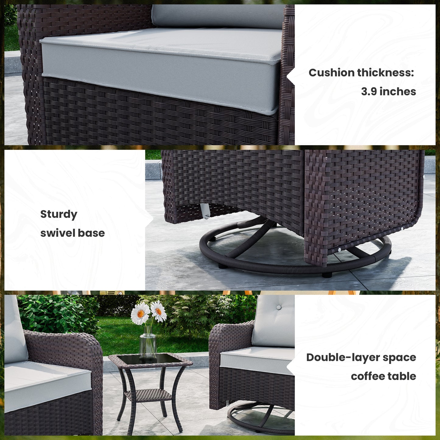 ALAULM 3PCS Outdoor Conversation Sets with 19" Smokeless Stove, Outdoor Swivel Glider Chair with Glass Top Side Table, Fire Pit Comes with Waterproof Cover and Fire Poker, for Porch Backyard