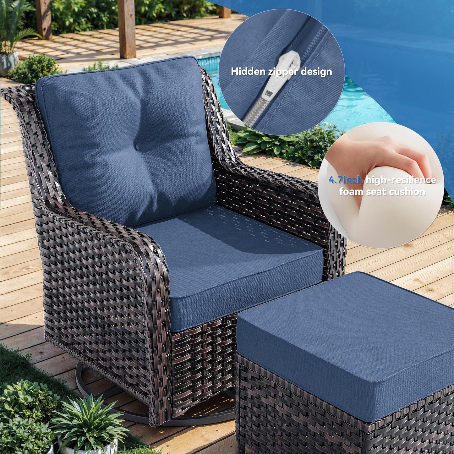 ALAULM 7 Pieces Patio Furniture Set,All-Weather Wicker High Back Outdoor Swivel Rocker Patio Chairs with Coffee Table & Thick Cushions,Paito Conversation Set for Porch,Deck