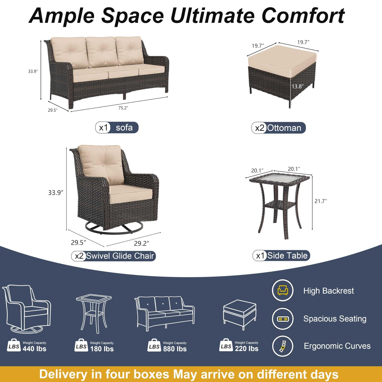 ALAULM 7-Piece Patio Furniture Set, Outdoor Thick Wicker High Back Conversation Set with 3-Seater Sofa, Swivel Chairs, Ottomans and Square Coffee Table for Yard Patio