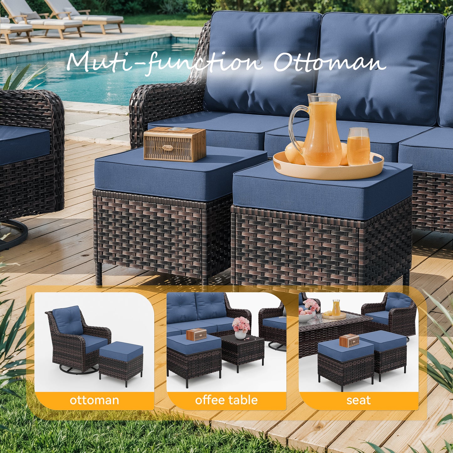 Gotalnd 7-Piece Patio Furniture Set, Outdoor Thick Wicker Sectional Sofas with 2 Swivel Chairs, High Back Sectional Sofa Couch, Outdoor Conversation Set for Backyard, Porch, Deck