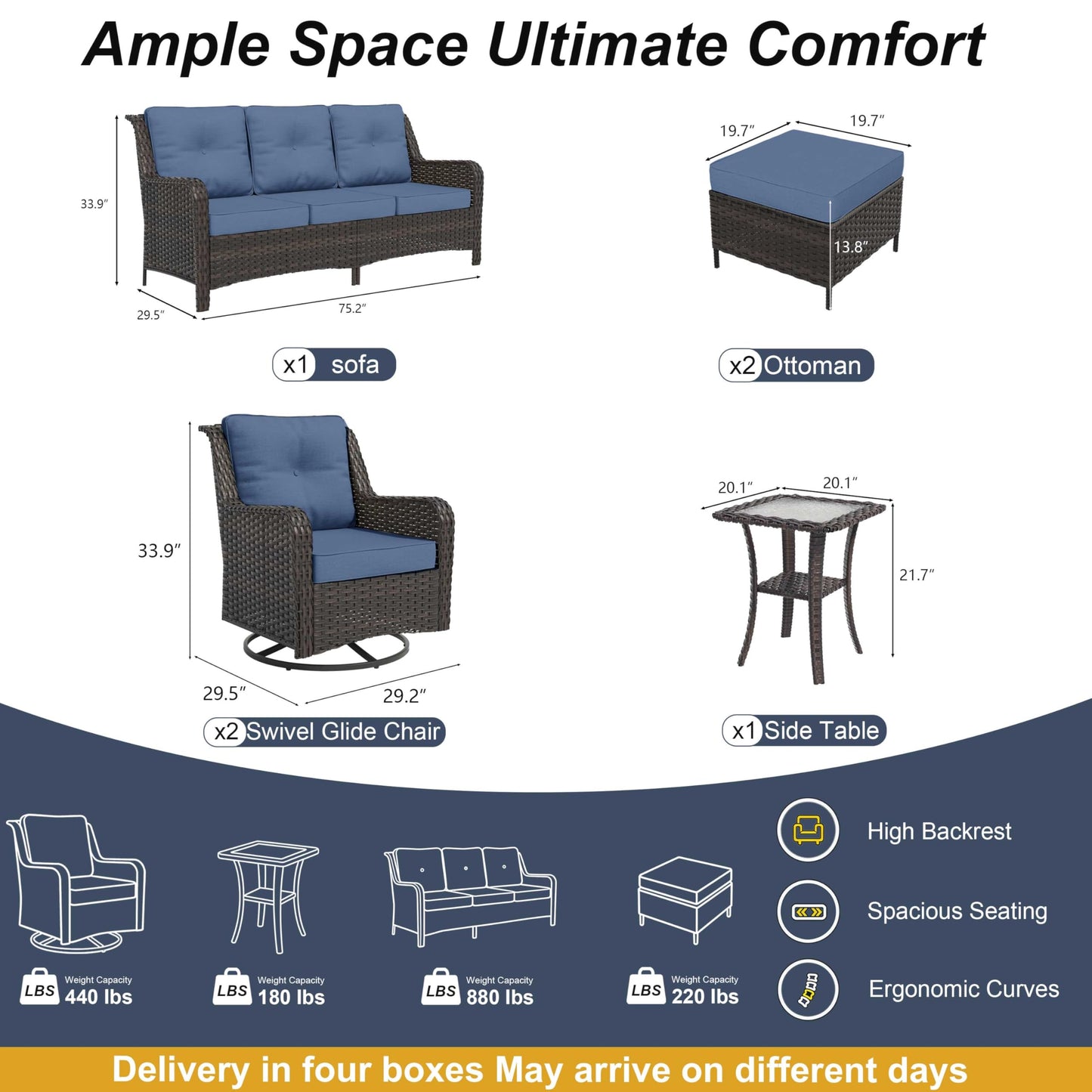 ALAULM 7-Piece Patio Furniture Set, Outdoor Thick Wicker High Back Conversation Set with 3-Seater Sofa, Swivel Chairs, Ottomans and Square Coffee Table for Yard Patio