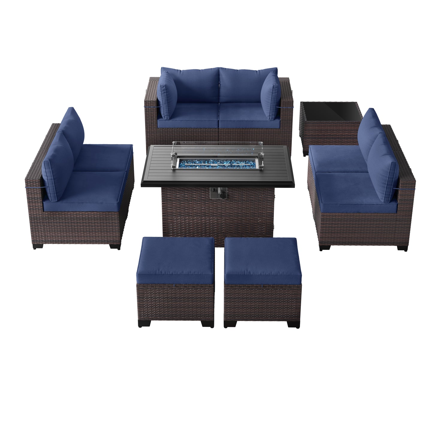 ALAULM 9PCS Outdoor Conversation Set, Thick Backrest Patio PE Rattan Wicker Sectional Sofas with Ottoman for Backyard, Porch, Sand