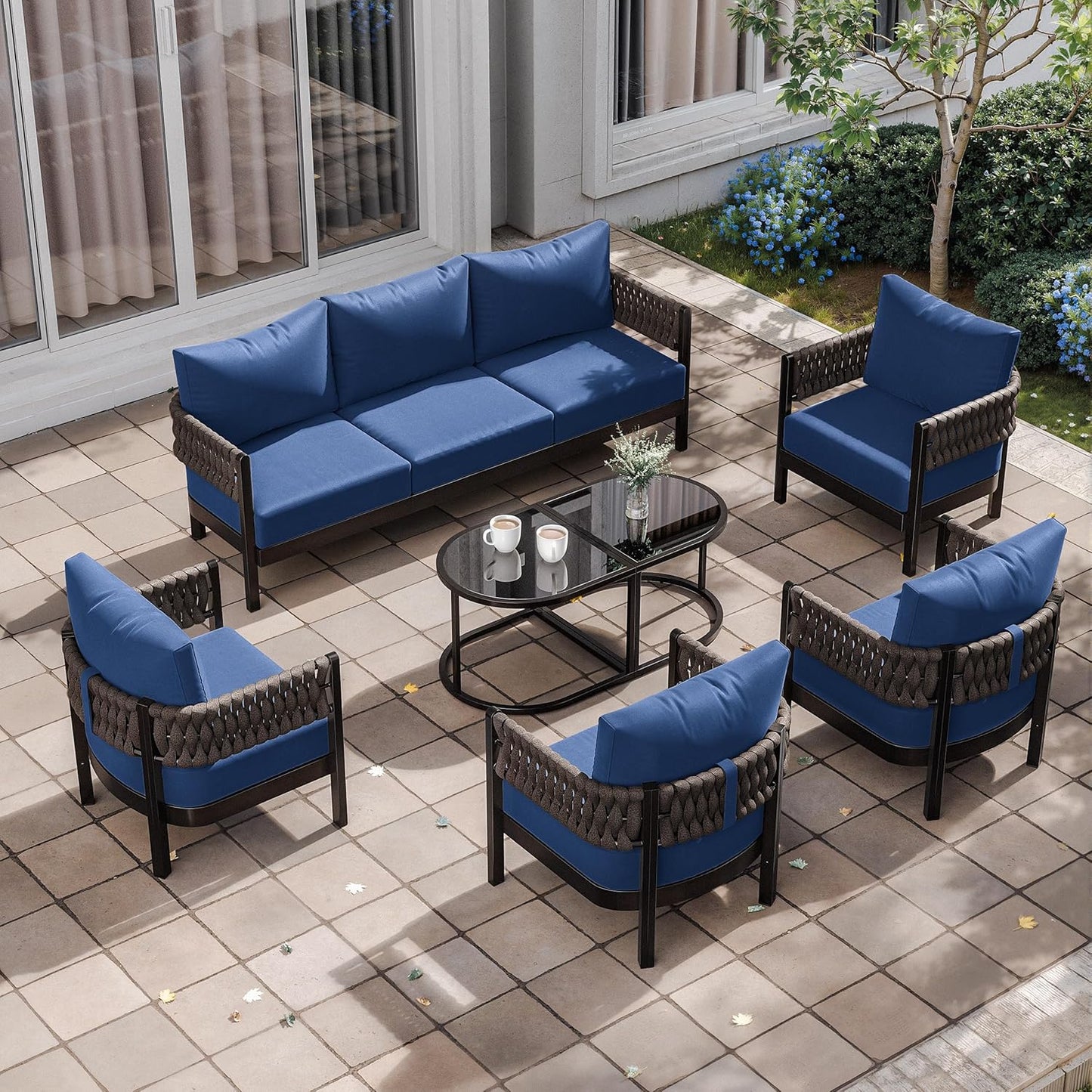 Aluminum Patio Furniture Set,5 Pieces HDPE Rope Patio Conversation Sets with Modular Coffee Table,Metal Outdoor Sectional Furniture w/5.9" Thick Cushions for Porch,Deck,Backyard,Navy Blue