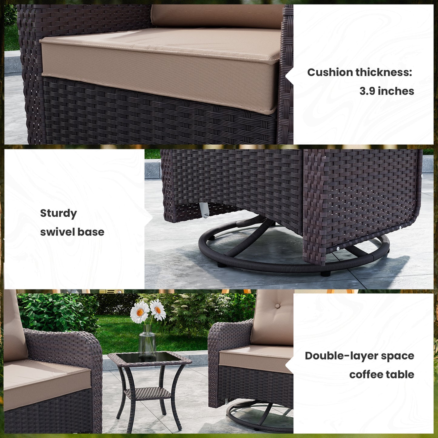 ALAULM 3PCS Outdoor Conversation Sets with 19" Smokeless Stove, Outdoor Swivel Glider Chair with Glass Top Side Table, Fire Pit Comes with Waterproof Cover and Fire Poker, for Porch Backyard