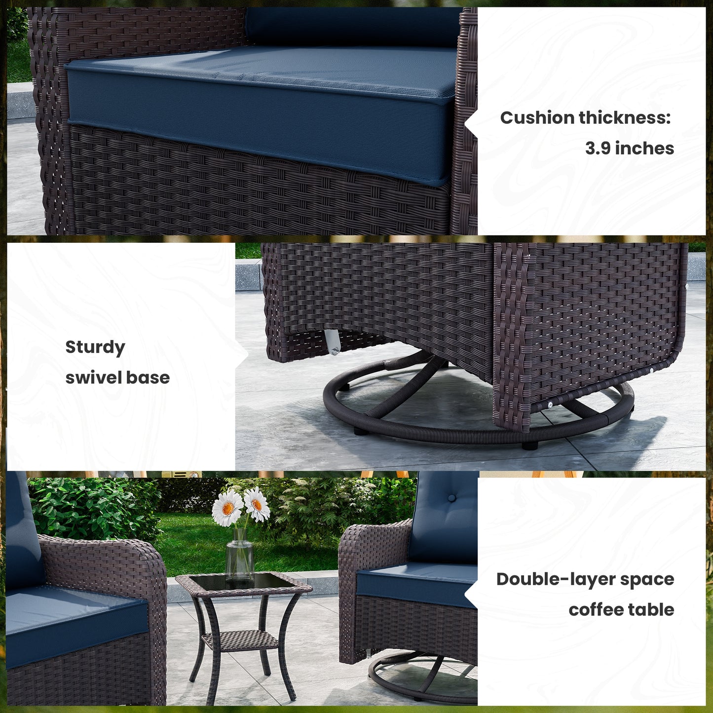 ALAULM 3PCS Outdoor Conversation Sets with 19" Smokeless Stove, Outdoor Swivel Glider Chair with Glass Top Side Table, Fire Pit Comes with Waterproof Cover and Fire Poker, for Porch Backyard