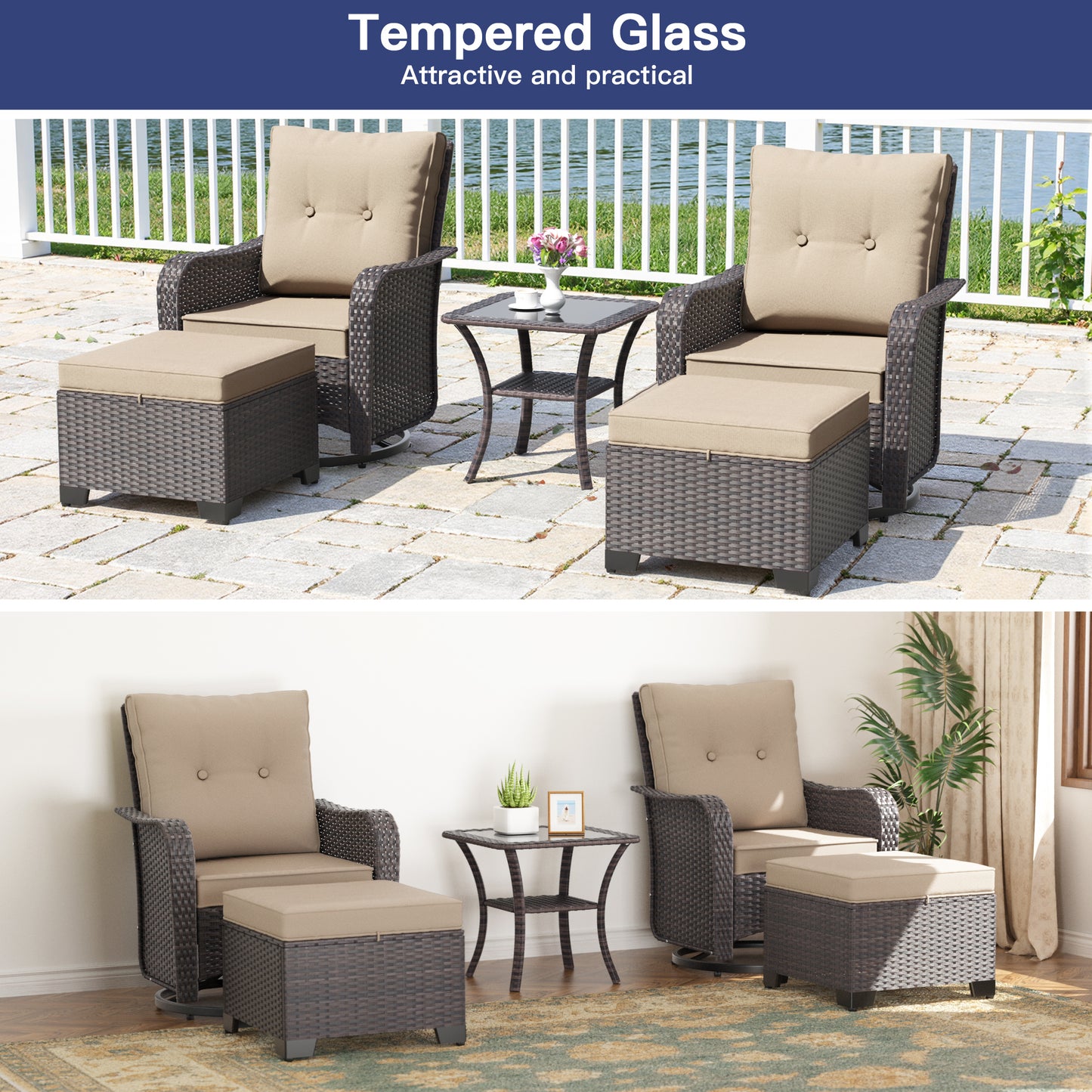 ALAULM 5 Pieces Patio Furniture Set with 4" Thick Cushions, 2 High Back Outdoor Swivel Rocker Chairs with 2 Ottoman & Side Table, 5-Piece All Weather Chairs Set for Porch Deck Pool Yard