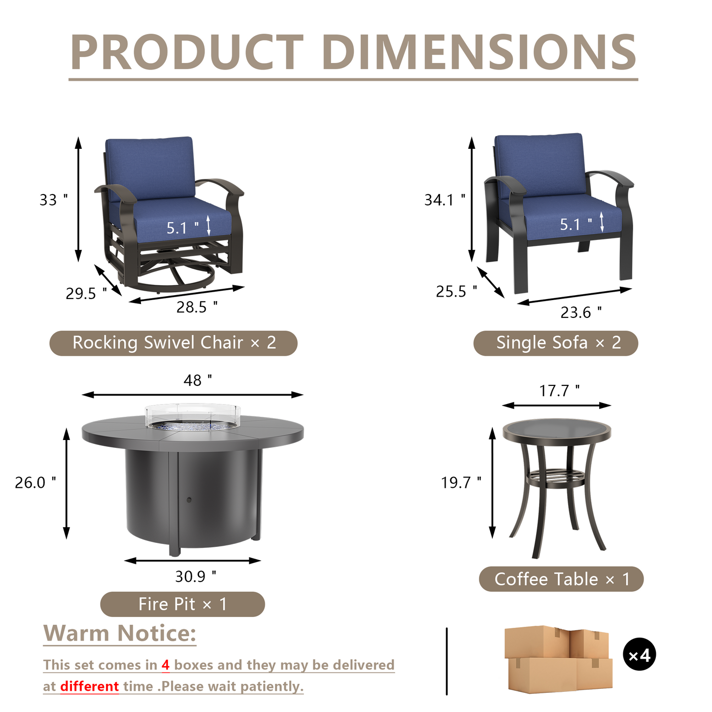 ALAULM 4-Seat Aluminum Patio Furniture Set, Outdoor Patio Conversation Set with Round Fire Pit Table and 5.1" Cushions for Patio Backyard Poolside