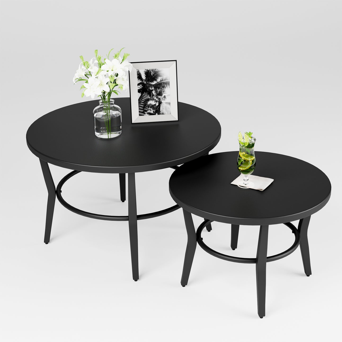 ALAULM Outdoor Black Nesting Round Coffee Table Set, 2PCS Space-Saving Solution for Patio, poolside & porch