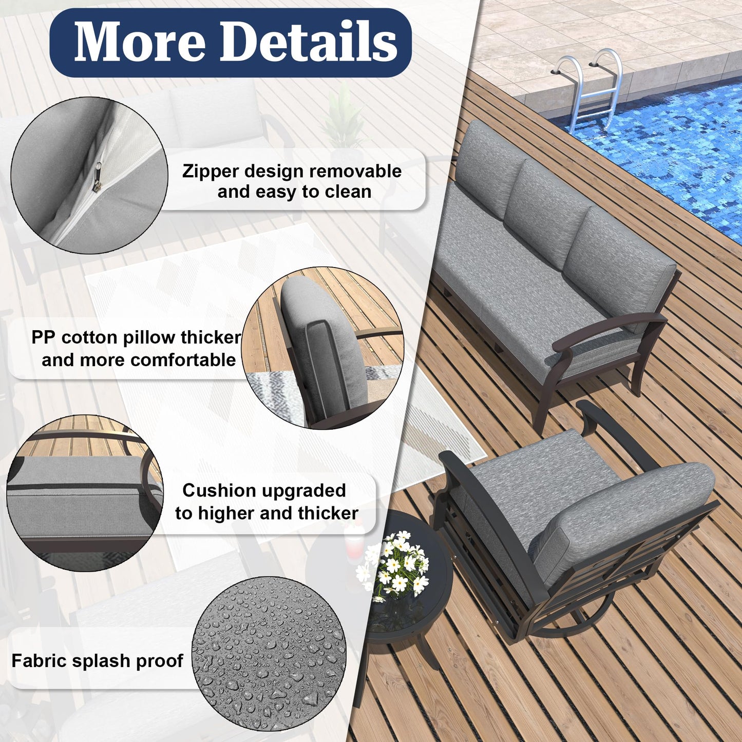 ALAULM Aluminum 3-Seat Patio Furniture Set, Outdoor Patio Conversation Set with 5.1" Cushions for Patio Backyard Poolside