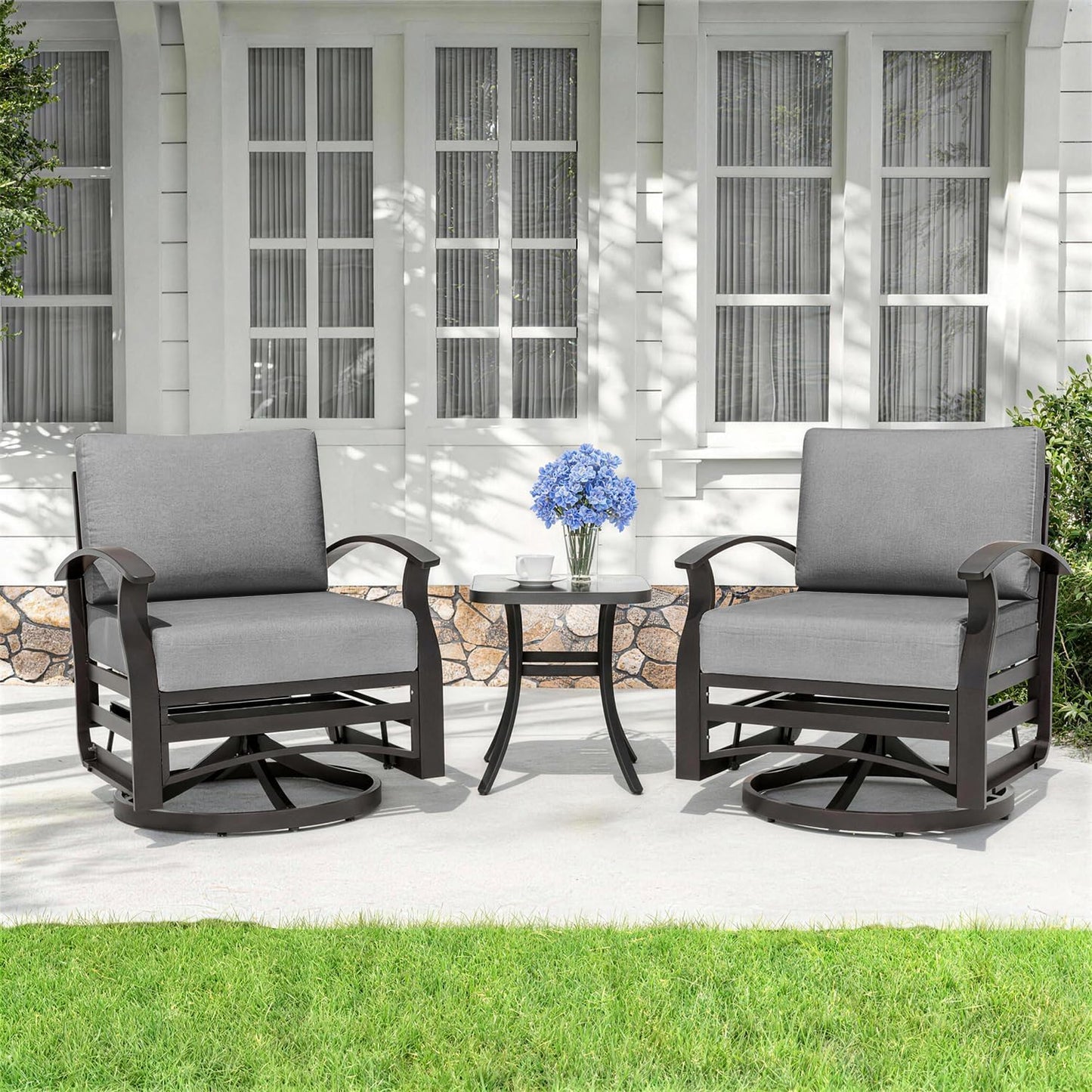 ALAULM 3 Pieces Patio Furniture Set, 2 Aluminum Outdoor Swivel Rocking Chairs with 5.1" Padded Removable Cushions & 1 Tempered Glass Coffee Table for Backyard Lawn Porch
