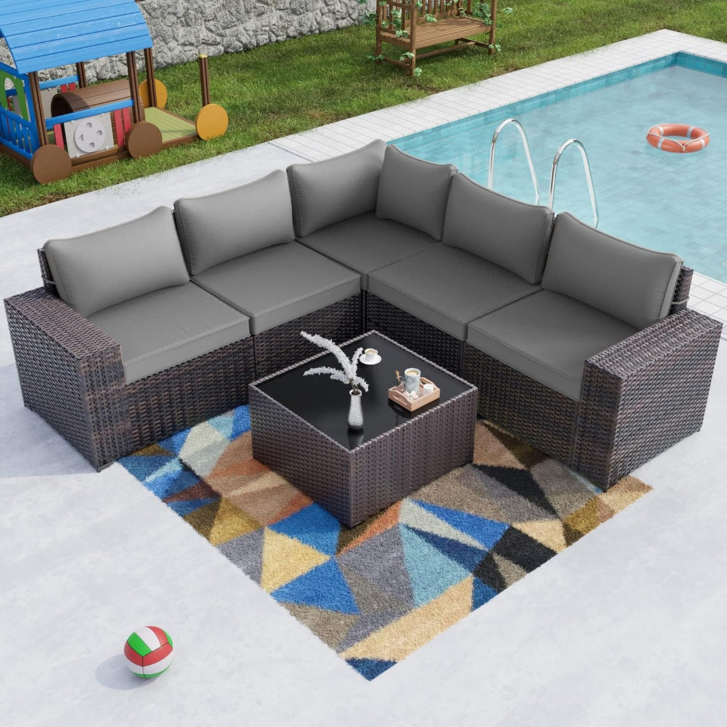 Kullavik 6PCS Outdoor Patio Furniture Set,PE Wicker Rattan Sectional Sofa Patio Conversation Sets,Grey
