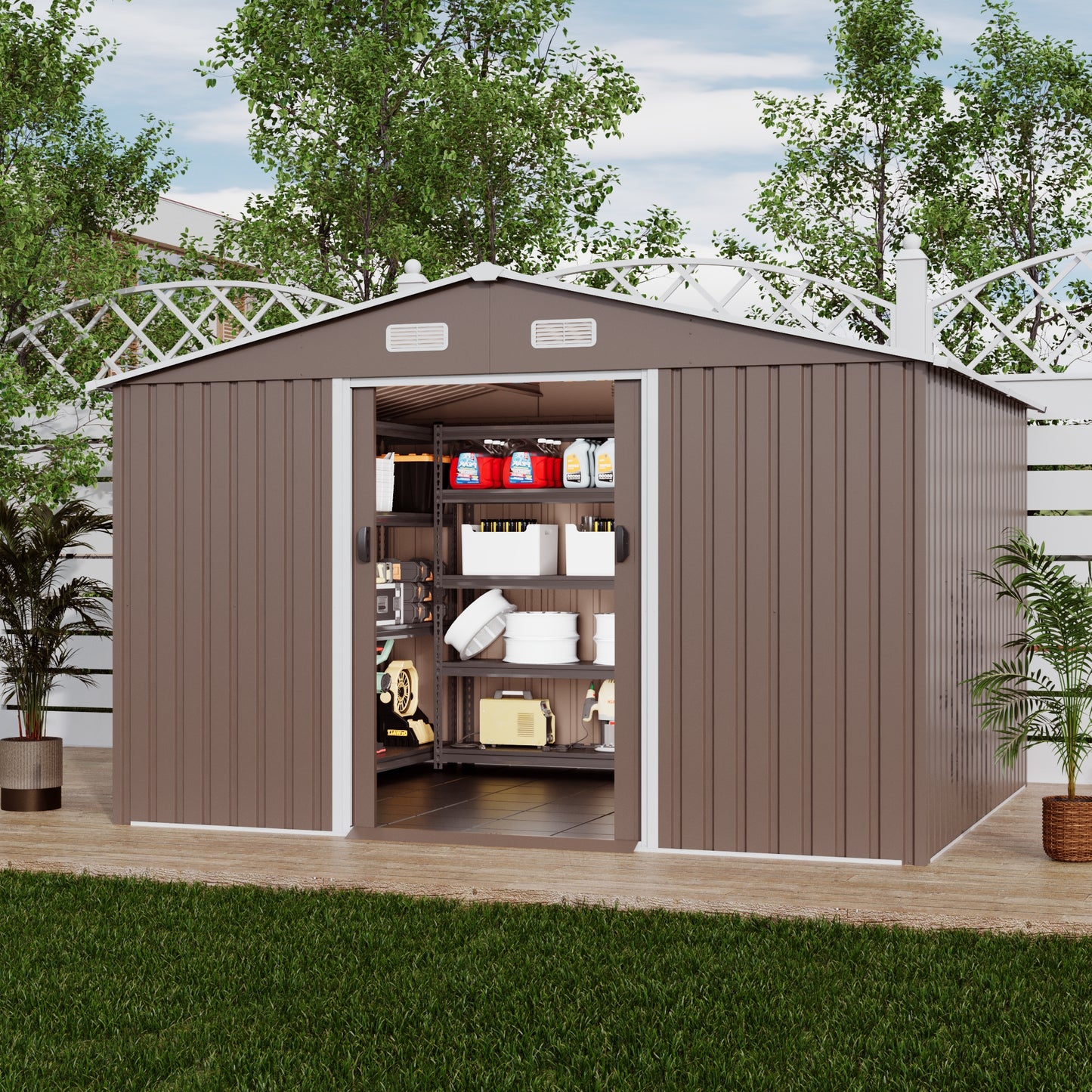 ALAULM 8FT x 6FT Outdoor Storage Shed with Floor and Lockable Doors,Waterproof Metal Garden Tool Shed,Galvanized Steel shed for Backyard,Garden,Patio