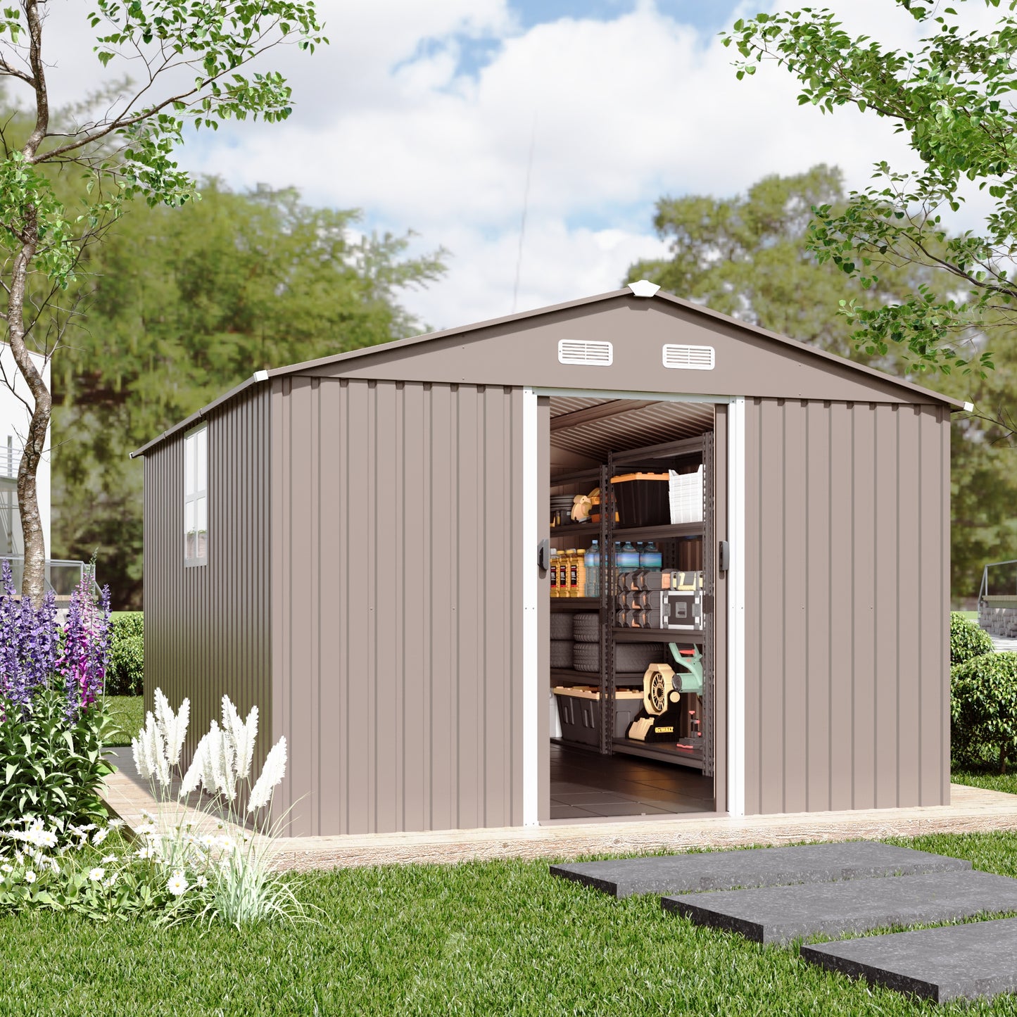 ALAULM 8FT x 6FT Outdoor Storage Shed with Floor and Lockable Doors,Waterproof Metal Garden Tool Shed,Galvanized Steel shed for Backyard,Garden,Patio