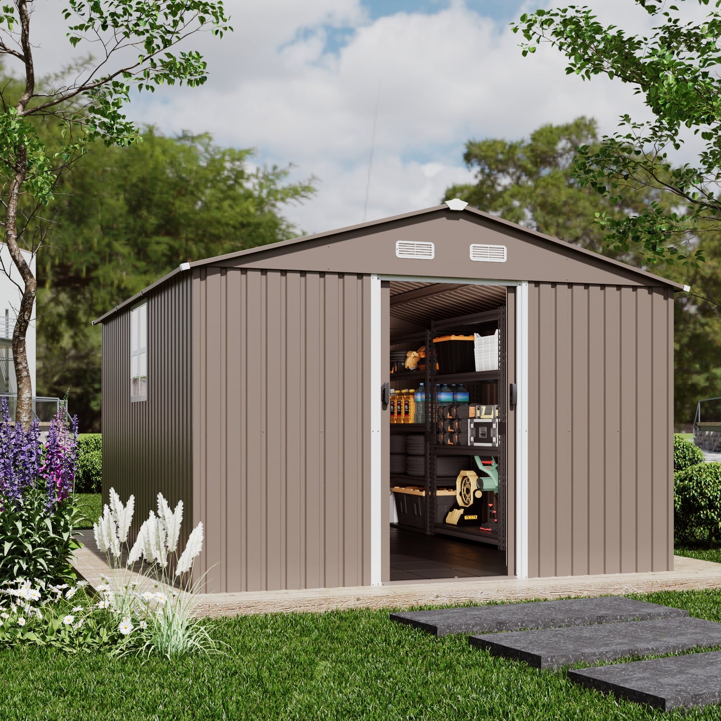 ALAULM 8FT x 6FT Outdoor Storage Shed with Floor and Lockable Doors,Waterproof Metal Garden Tool Shed,Galvanized Steel shed for Backyard,Garden,Patio